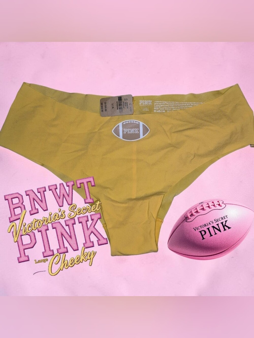 BNWT VS PINK Yellow No Show Cheekster Panties Football Graphic Size L